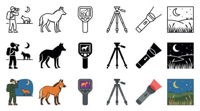Collection of wildlife observation equipment, maned wolf, and night scene icons representing nocturnal animal spotting and nature exploration.