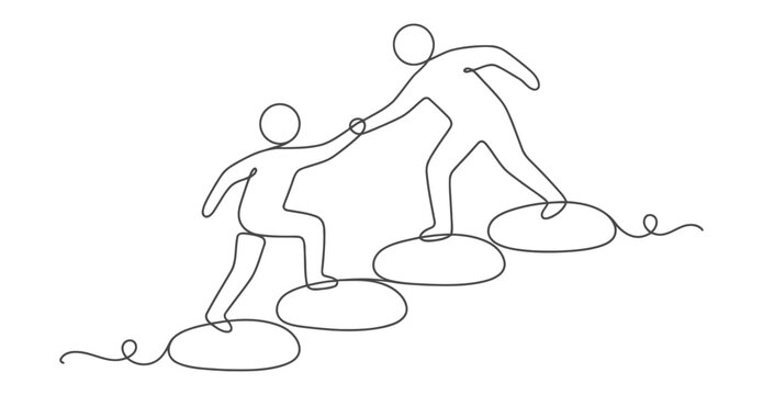 Continuous line drawing of people helping each other climb steps representing teamwork with line art
