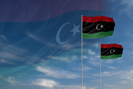 Card for Independence day National flags of Lybia waving in sky