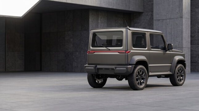 Conceptual rear three quarter architectural view of compact matte grey 4x4 suv with horizontal led taillight
