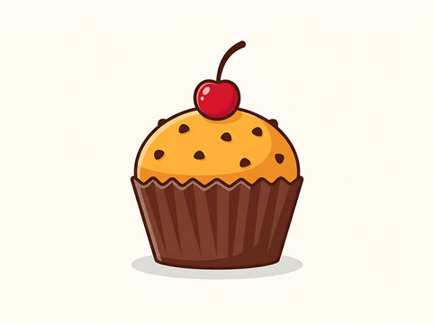 Chocolate Chip Muffin Vector Illustration with Red Cherry Top Isolated on White Background