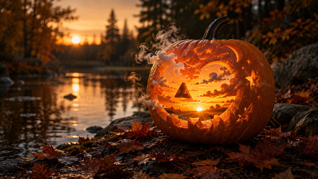  Glowing carved pumpkin containing a magical sunset landscape beside an autumn forest lake.