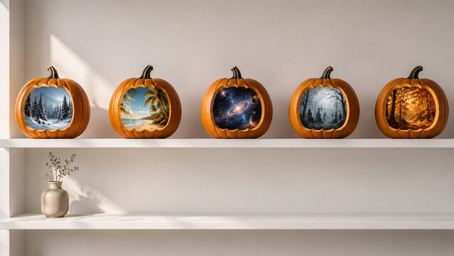 Five decorative pumpkins displaying miniature fantasy worlds including winter, tropical, cosmic, cemetery and autumn scenes.