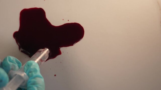 Plastic pipette extracting blood sample from pool on left side, right copy space, top view layout for forensic lab evidence collection 