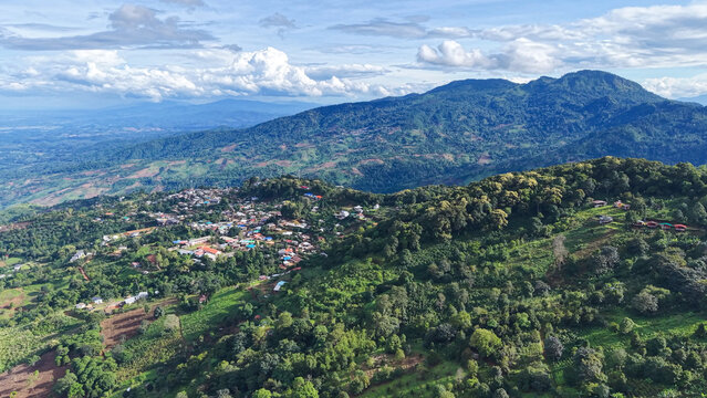 Aerial view from drone of the rural village in the mountains