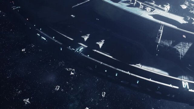 A large spaceship travels through space surrounded by smaller ships. Lights illuminate the main vessel. The scene shows the vast darkness of space and distant stars.