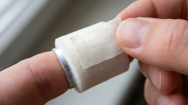 Close up of hand adjusting tape on padded finger splint