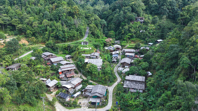 Aerial view from drone of the rural village in the mountains