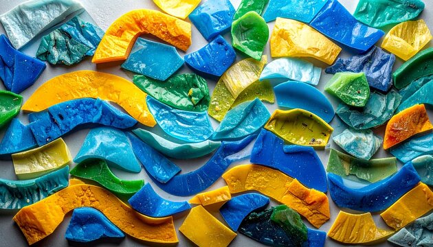Top view of colorful plastic fragments arranged in a mosaic pattern on white surface with plastic pieces