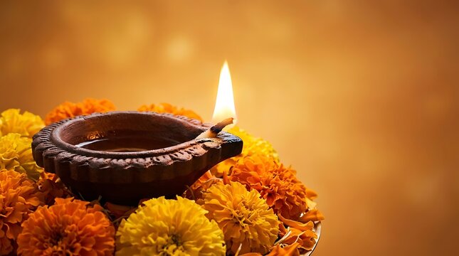 Celebrating the festival of lights a radiant diwali scene with a traditional diya and vibrant marigolds