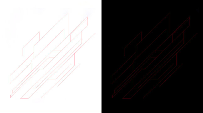 Minimalist isometric line art background, abstract geometric wireframe pattern, red technical architectural drawing on black and white
