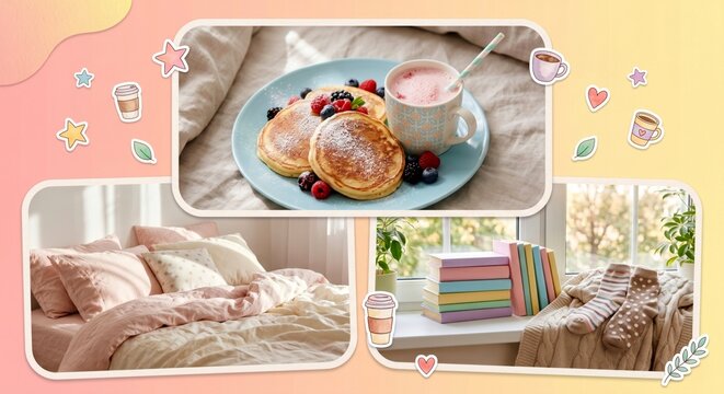Morning Comfort and Cozy Indulgence: Pancakes in Bed, Warm Blanket, and Pastel Room Decor Collage