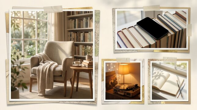 Cozy Comfort and Nostalgic Relaxation: Reading Nook Armchair and Vintage Accessories Collage