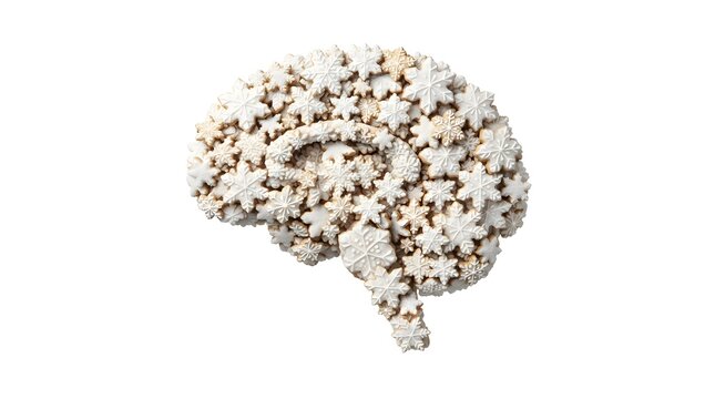 Human brain shape made of white Christmas snowflakes isolated on a clean white background.