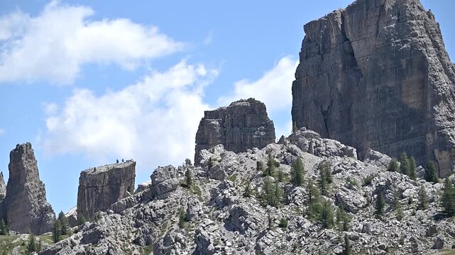 Iconic, dreamlike Dolomites. The Sesto Dolomites, between Monte Cristallo and the Tre Cime di Lavaredo in summer. With hiking and climbing.