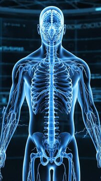 Detailed Visualization of Human Anatomy: A Dynamic Representation of the Human Skeleton and Spine in a High-Tech, Radiant Format, Highlighting Key Musculoskeletal Structures.