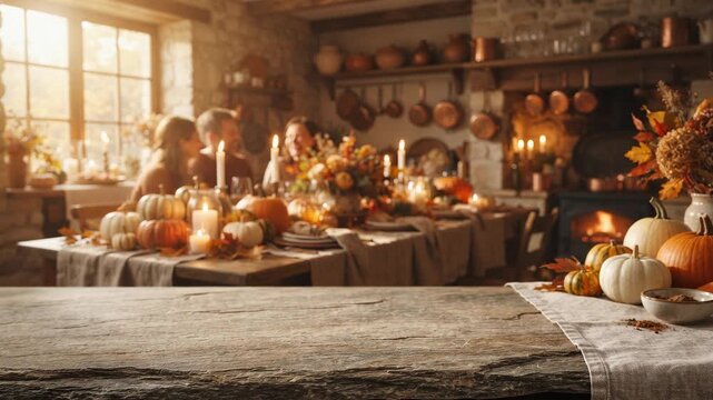 Empty stone table top with blurred family enjoying Thanksgiving holiday dinner in cozy rustic dining room product display mockup concept