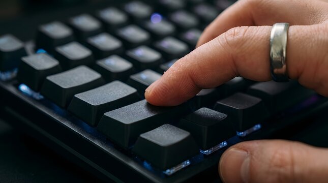 Close up of hand pressing key on backlit mechanical computer keyboard