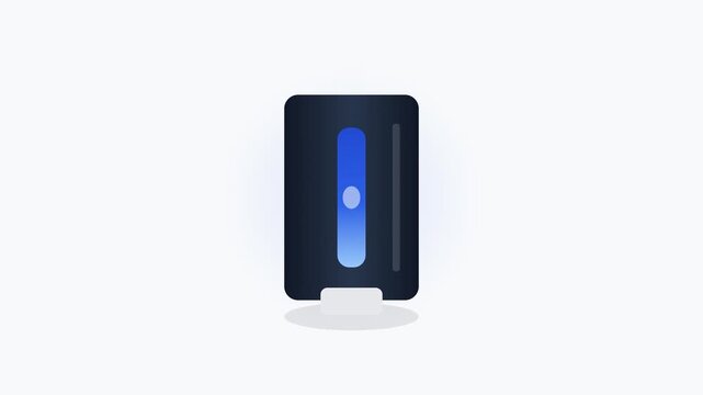 Minimalist vector illustration of a modern dark computer tower chassis with blue glowing light on a plain white background