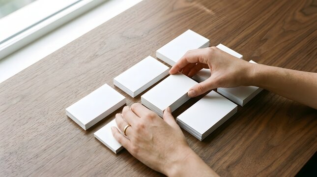 Hands arranging blank white business cards in grid on wooden desk