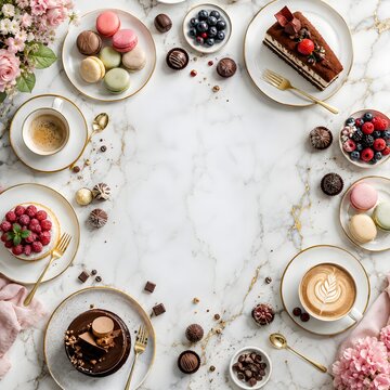 Flat Lay Frame of Gourmet Desserts with Macarons, Cakes, Chocolates, and Coffee