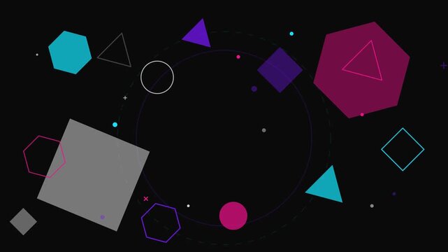 Abstract geometric shapes animation with neon colors on dark background