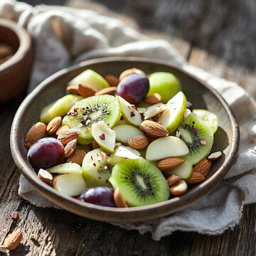 Fruit and nut mix with apple, kiwi, and fig on a wooden surface. A light healthy brunch with natural textures and soft morning light