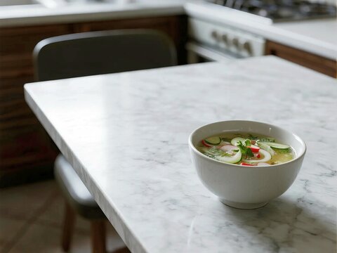 White Ceramic Bowl of Clear Soup with Cucumber and Radish Slices on Kitchen Marble Countertop
