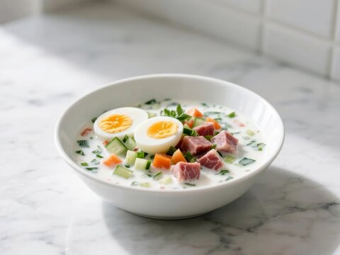 Cold Summer Soup Okroshka with Boiled Eggs Diced Ham Cucumber and Fresh Herbs in White Ceramic Bowl
