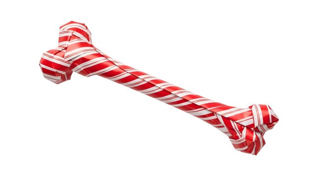Human femur bone wrapped in festive red and white Christmas gift paper isolated on white.