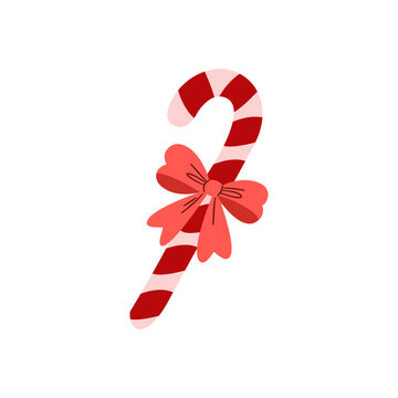 Christmas candy cane with red ribbon bow vector illustration. Festive xmas sweet treat clipart isolated.