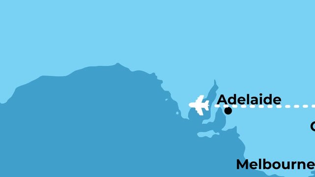 2D animated flight route map of a domestic airplane flying from Sydney to Perth in Australia featuring location pinpoints and geographic dotted aviation path lines motion graphics digital design