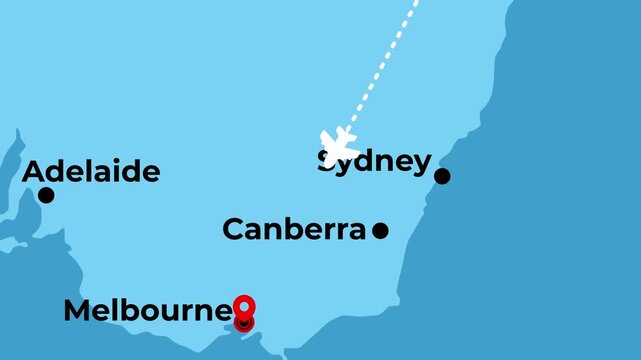 2D animated flight route map of a domestic airplane flying from Brisbane to Melbourne in Australia featuring location pinpoints and geographic dotted aviation path lines motion graphics digital design