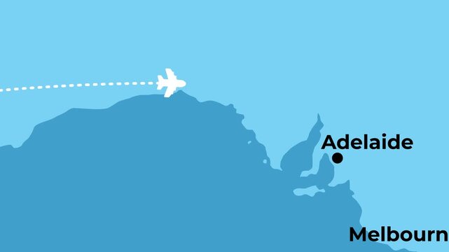 2D animated flight route map of a domestic airplane flying from Perth to Sydney in Australia featuring location pinpoints and geographic dotted aviation path lines motion graphics digital design