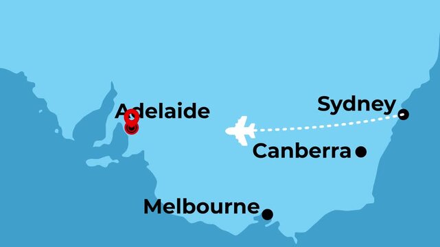 2D animated flight route map of a domestic airplane flying from Sydney to Adelaide in Australia featuring location pinpoints and geographic dotted aviation path lines motion graphics digital design