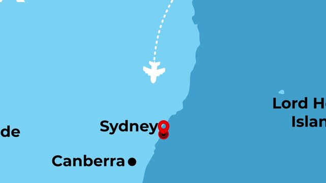 2D animated flight route map of a domestic airplane flying from Brisbane to Sydney in Australia featuring location pinpoints and geographic dotted aviation path lines motion graphics digital design