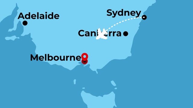 2D animated flight route map of a domestic airplane flying from Sydney to Melbourne in Australia featuring location pinpoints and geographic dotted aviation path lines motion graphics digital design