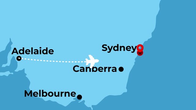 2D animated flight route map of a domestic airplane flying from Adelaide to Sydney in Australia featuring location pinpoints and geographic dotted aviation path lines motion graphics digital design