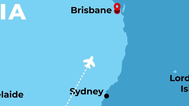 2D animated flight route map of a domestic airplane flying from Melbourne to Brisbane in Australia featuring location pinpoints and geographic dotted aviation path lines motion graphics digital design