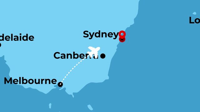 2D animated flight route map of a domestic airplane flying from Melbourne to Sydney in Australia featuring location pinpoints and geographic dotted aviation path lines motion graphics digital design