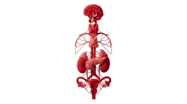Endocrine system anatomy made of red festive holiday fabric isolated on white background