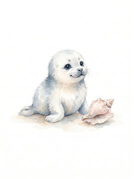 Watercolor illustration of a cute baby seal sitting beside a seashell, isolated on a pure white background, pale blue, sand, muted blush.