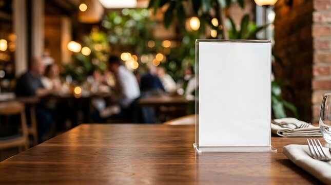 Blank sign stand on restaurant table with blurred customers in background