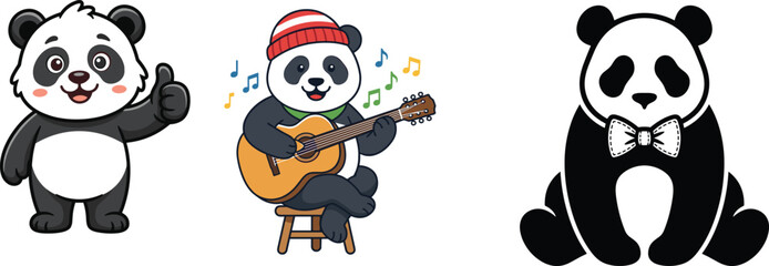 Cute panda thumbs up playing acoustic guitar with beanie and bow tie silhouette vector character set © MSTWARESA