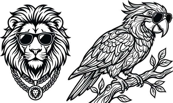 Cool lion head with gold chain necklace beside macaw parrot wearing sunglasses black line art vector set