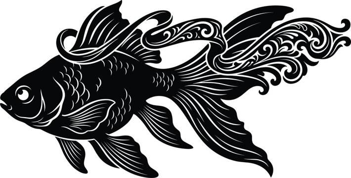 Ornate goldfish silhouette with swirling filigree tail fins vector black line art illustration isolated on white background