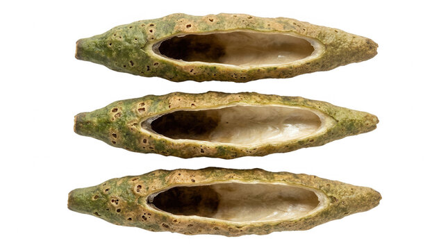 Alignement de trois gousses de graines exotiques s&eacute;ch&eacute;es et &eacute;vid&eacute;es, de texture rugueuse verte et brune, isol&eacute;es sur fond blanc.