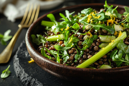 Young lentil salad with celery and citrus dressing in a rustic clay bowl. Macro food photography highlights ingredient freshness and rich textures