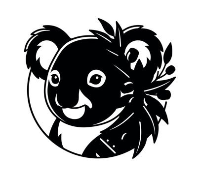 A cute koala bear head illustration designed as a high quality black and white animal vector