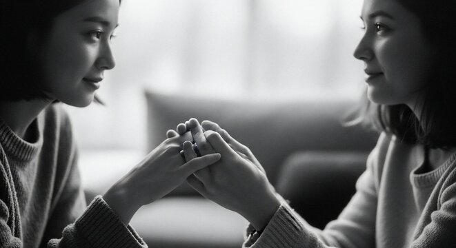 Woman holding hands in grayscale